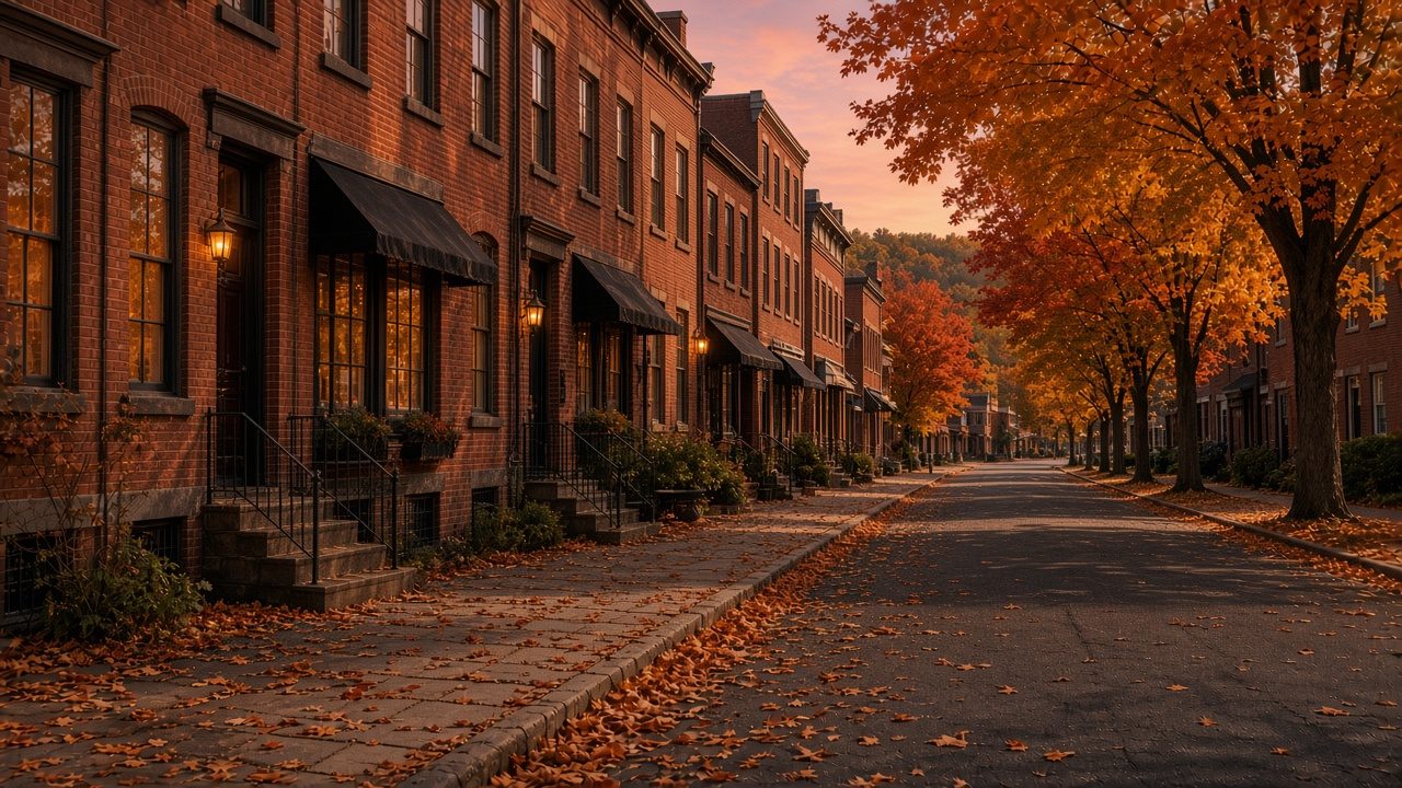 Autumn main street at sunset (illustration)